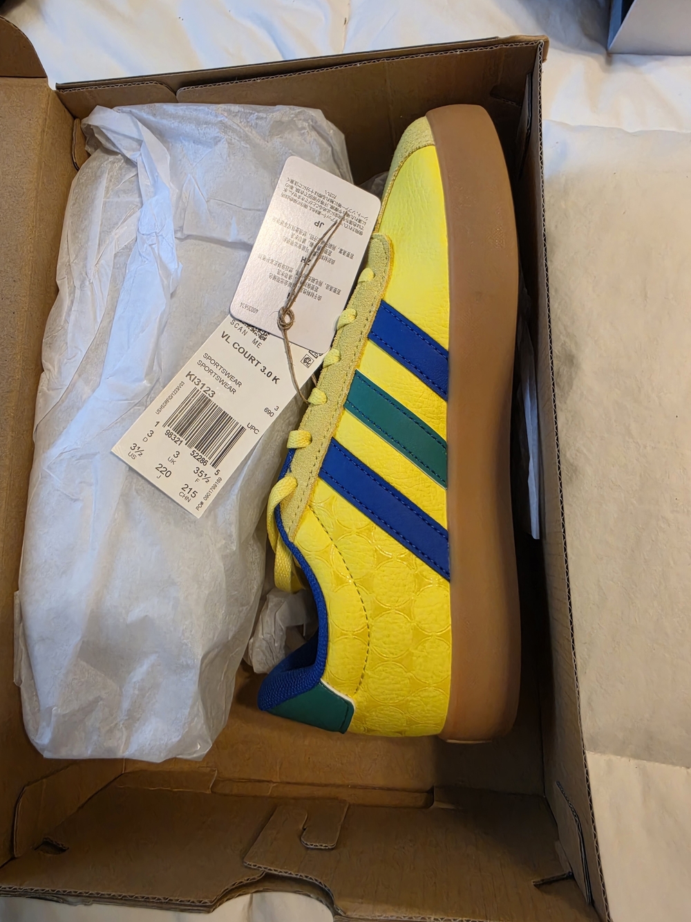 Adidas Kids' Yellow VL Court 3.5K Sneakers with Blue & Green Stripes